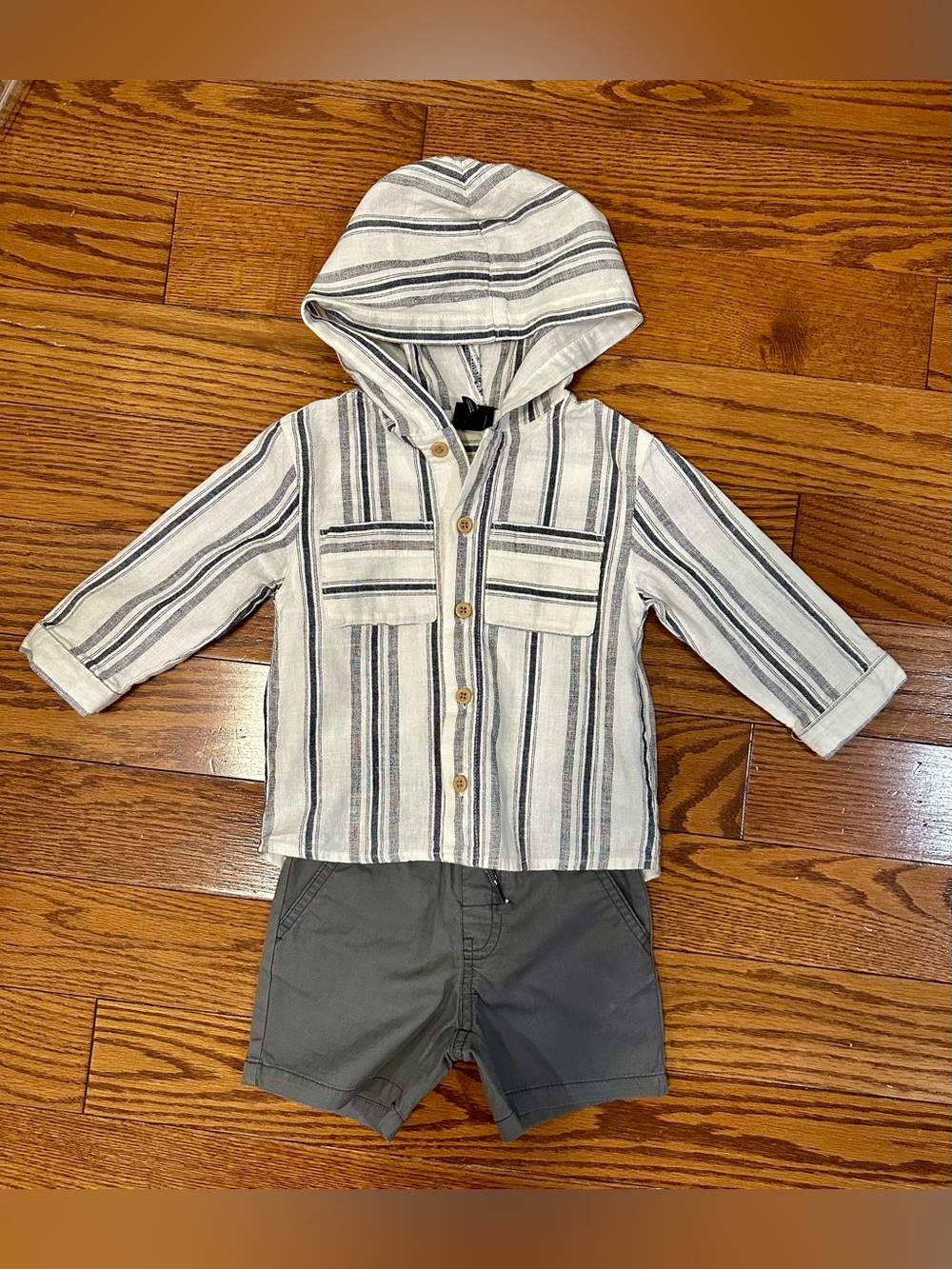Art Class Grey & Beige Hooded Button Down Shirt And Grey Shorts Outfit